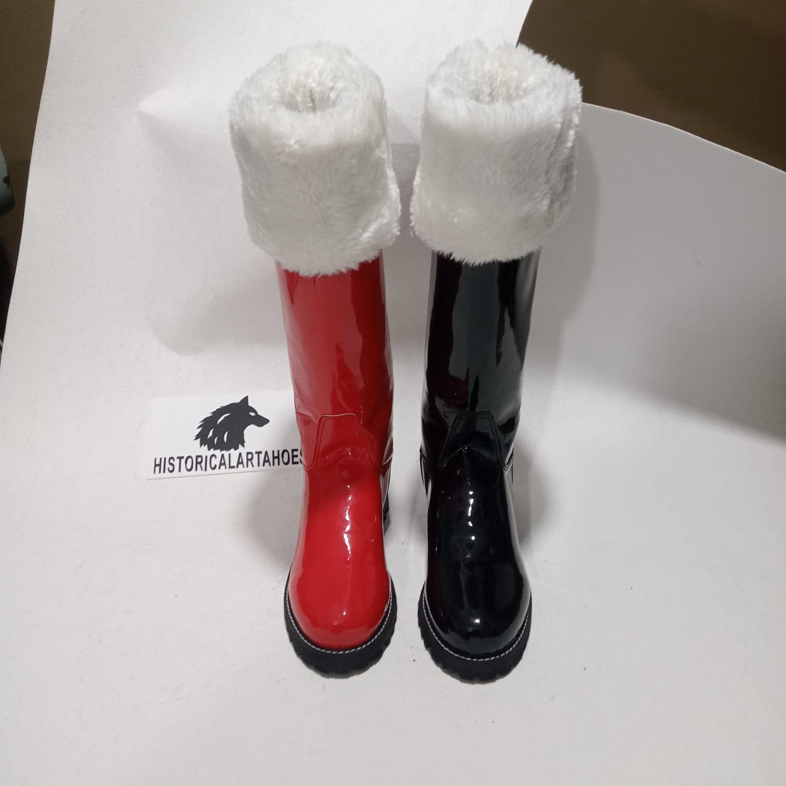 Festive Red & Black Christmas Boots with Fluffy Cuffs - Holiday Outfit Accessory Wool Blend