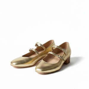 Può includere: Un paio di scarpe Mary Jane dorate con doppi cinturini e piccoli tacchi in legno. Le scarpe hanno una finitura metallica e un design classico, adatte a varie occasioni.