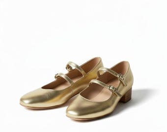 Gold Twin Strap Mary Janes Handmade Mid Heel Blockabsatz Doppelriemen Schuhe