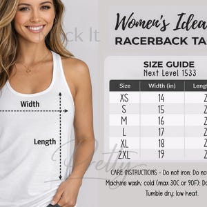 May include: White racerback tank top with a size guide chart. The chart lists sizes XS to 2XL, with width and length measurements in inches. The text "Women's Ideal Racerback Tank" is at the top.