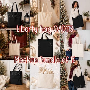 May include: A collection of black and beige canvas tote bags shown in various settings, including plain views and being carried. The images feature the text Liberty Bag OAD113 Mockup Bundle of 16, showcasing versatile fabric bags with handles.
