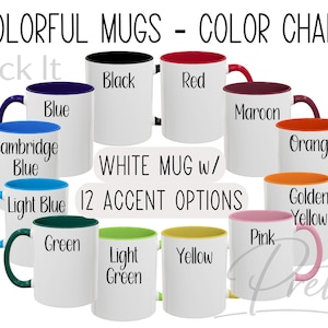 Puede incluir: Una carta de colores de tazas blancas con 12 opciones de colores de acento, incluyendo negro, rojo, azul, granate, naranja, verde, amarillo y rosa. El texto "COLORFUL MUGS - COLOR CHART" está en la parte superior.