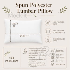 Puede incluir: Almohada lumbar de poliéster hilado blanco, de 35,5 cm de largo y 50,8 cm de ancho, con cremallera oculta beige. La almohada incluye una funda 100% poliéster y un cojín 100% poliéster. Se incluyen instrucciones de cuidado.