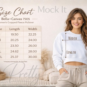 May include: A white cropped fleece pullover with a size chart. The chart shows measurements in inches for sizes S to 2XL. The model is wearing the pullover and beige sweatpants. The text "Mock It" is visible.