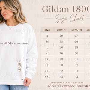 May include: A white crewneck sweatshirt shown with a size chart titled Gildan 18000. The chart lists sizes S through 5XL with corresponding width, length, and sleeve measurements in inches, indicated by arrows on the sweatshirt graphic.