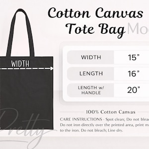 May include: Black cotton canvas tote bag with the text "Cotton Canvas Tote Bag." The bag's dimensions are 38 cm wide, 41 cm long, and 51 cm with the handle. Care instructions are also listed on the image.