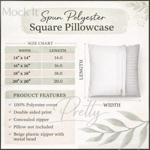 May include: White square pillowcase with a concealed zipper, next to a striped pillowcase. The image includes a size chart with dimensions ranging from 14" x 14" to 20" x 20". The text reads "Spun Polyester Square Pillowcase".