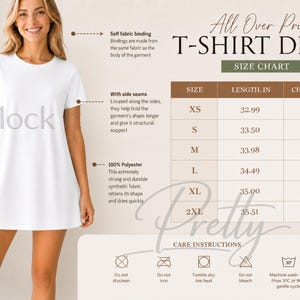 May include: A white all-over print T-shirt dress. The dress has a crew neck and short sleeves. The image includes a size chart with measurements in inches and care instructions.