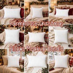 May include: A collection of nine white square and rectangular throw pillows displayed in various holiday-themed settings. Each pillow is plain white and features a smooth fabric texture, presented on beds and chairs decorated with Christmas decor.