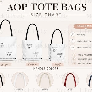 AOP Tote Bag Size Chart and Color Guide, Tote Bag Mockup Template (JPG, PNG)