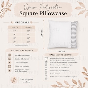 Square Pillowcase Size Chart - 4 Sizes, Polyester Pillow Cover Sizing Guide, POD Pillow Case Mockup Template, Care Card Listing Insert