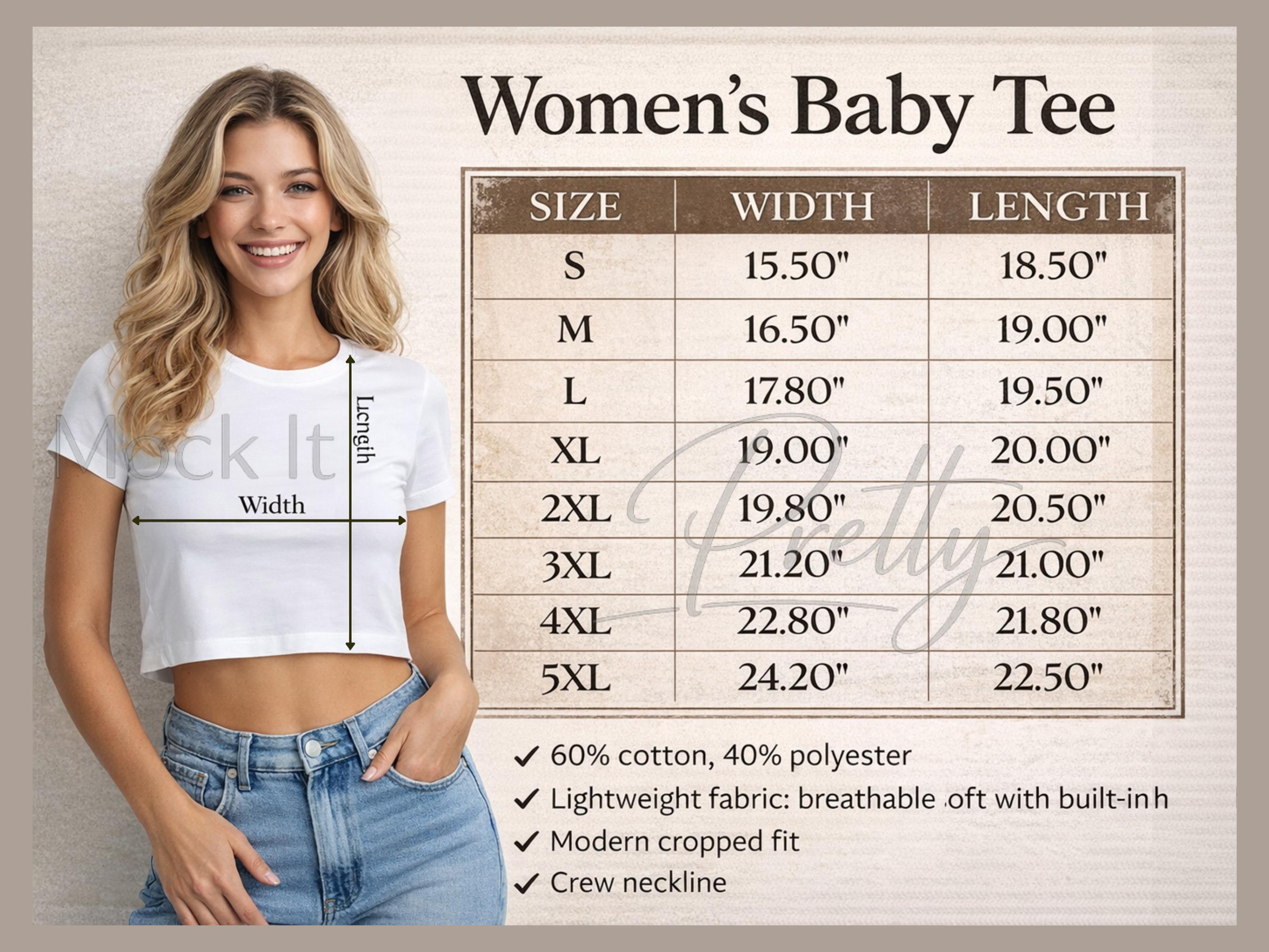Women's Baby Tee Size Chart – Cropped Fit Guide Template (PNG, JPG