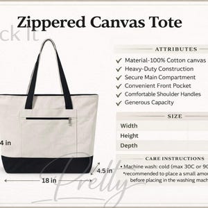 Zippered Canvas Tote Bag Size Chart Guide, Q-Tees Q1300 Care Card Template (PNG, JPG, Digital Download)