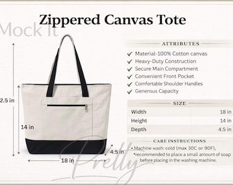 Zippered Canvas Tote Bag Size Chart Guide, Q-Tees Q1300 Care Card Template (PNG, JPG, Digital Download)