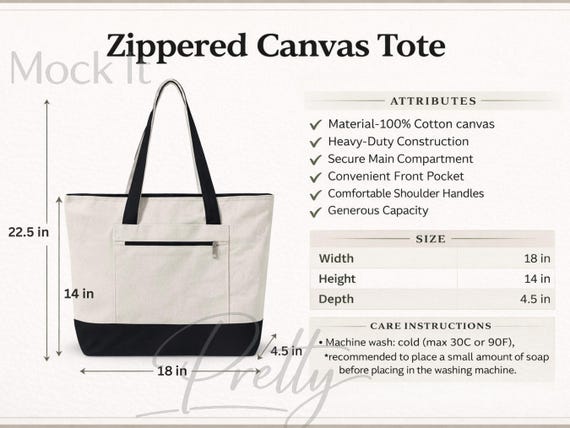 Zippered Canvas Tote Bag Size Chart Guide, Q-Tees Q1300 Care Card Template (PNG, JPG, Digital Download)