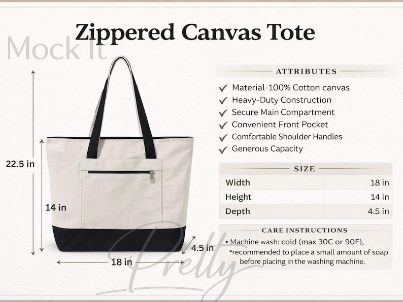 Zippered Canvas Tote Bag Size Chart Guide, Q-Tees Q1300 Care Card Template (PNG, JPG, Digital Download)
