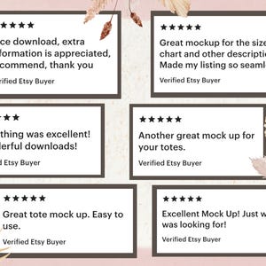 May include: Image featuring customer reviews with five-star ratings. The reviews praise the product as a great mockup, easy to use, and excellent. Text includes phrases like "Nice download," "Wonderful downloads," and "Just what I was looking for!"