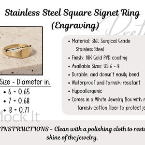 Może przedstawiać: Złoty kwadratowy sygnet ze stali nierdzewnej. Pierścionek jest pokazany na neutralnej powierzchni. Obraz zawiera tekst "Stainless Steel Square Signet Ring (Engraving)" i "Ring Size - Diameter in."
