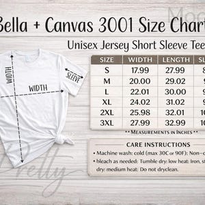 May include: White Unisex Jersey Short Sleeve Tee size chart with measurements in inches. The chart includes sizes S to 3XL, with width, length, and sleeve measurements. Care instructions are also included.