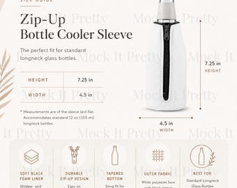 Zip-Up Bottle Cooler Sleeve Size Guide, POD Minimalist Size Chart, Mockup Template (Digital Download)