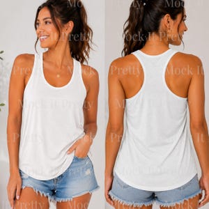 May include: A white racerback tank top. The tank top has a scoop neck and a racerback design. The fabric appears to be lightweight and slightly sheer. The tank top is shown from the front and back.