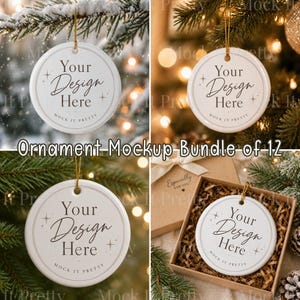May include: A round white ceramic ornament featuring the black text Your Design Here and Mock It Pretty with star accents. The ornament hangs from a gold string and is displayed in various settings including a gift box with brown filler.