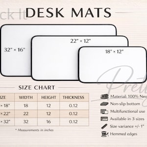以下が含まれることがあります： 黒い縁取りのある白いデスクマット。サイズは3種類で、81 cm x 41 cm、56 cm x 30 cm、46 cm x 30 cmです。画像には、インチ単位の寸法、素材情報、滑り止め底や裾上げされたエッジなどの機能が記載されたサイズチャートが含まれています。上部には「DESK MATS」の文字があります。