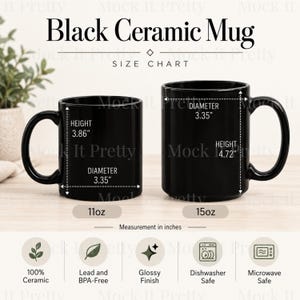 Pode incluir: Duas canecas de cerâmica preta rotuladas como 11oz e 15oz. A caneca de 11oz tem 9,8 cm de altura e 8,5 cm de diâmetro. A caneca de 15oz tem 12 cm de altura e 8,5 cm de diâmetro. Acabamento brilhante, lavável na máquina e micro-ondas.