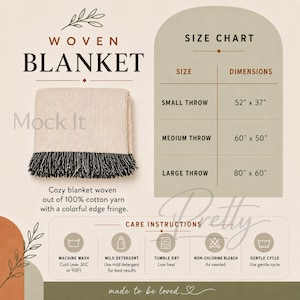 May include: Cream-coloured woven blanket with a black fringe. The image includes a size chart with dimensions for small (132 x 94 cm), medium (152 x 127 cm), and large (203 x 152 cm) throws. Care instructions are also provided.