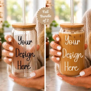 May include: A bundle of two clear glass can-shaped tumblers with bamboo lids and glass straws. One glass is empty with black text reading Your Design Here, and the other is filled with iced coffee and white text reading Your Design Here.