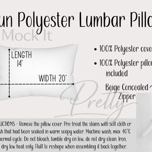 May include: White lumbar pillow made of spun polyester. The pillow is 14 inches long and 20 inches wide. Features include a 100% polyester cover, a 100% polyester pillow insert, and a beige concealed zipper. The text reads "Spun Polyester Lumbar Pillows."