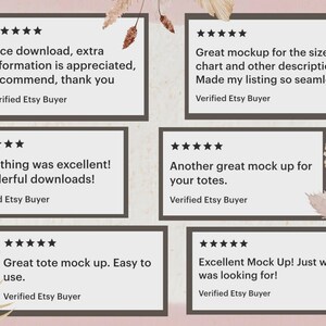May include: A digital mockup image featuring customer reviews with five-star ratings. The reviews are displayed in white rectangular boxes with dark borders, set against a soft pink and beige background with floral and leaf accents. The reviews praise the product's quality and ease of use.