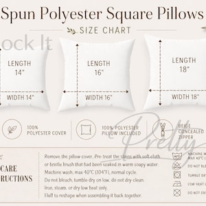 May include: White spun polyester square cushions in three sizes: 35.5x35.5 cm, 40.6x40.6 cm, and 45.7x45.7 cm. Features include a 100% polyester cover, a concealed beige zip, and care instructions. Ideal for home decor.