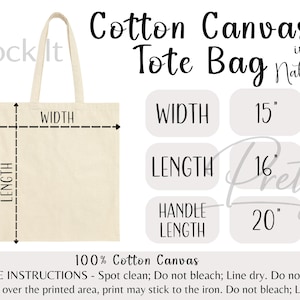 May include: A natural cotton canvas tote bag with dimensions labeled: 15 inches wide, 16 inches long, and a handle length of 20 inches. The bag is labeled "Cotton Canvas Tote Bag in Natural". The care instructions are also included.