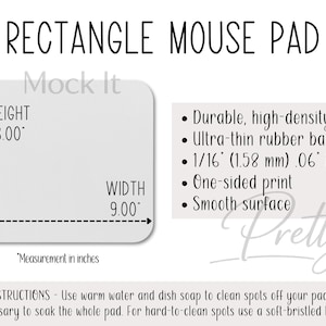 Può includere: Un tappetino per mouse rettangolare bianco con angoli arrotondati. Il tappetino è alto 20,32 cm e largo 22,86 cm. Le caratteristiche includono schiuma durevole ad alta densità, base in gomma ultrasottile e superficie liscia. Il testo "RECTANGLE MOUSE PAD" è in alto.