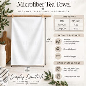 May include: A white microfibre tea towel with a waffle texture, hanging from a wooden rod. The text displays dimensions of 40.64 cm by 63.5 cm, material composition of 85% micro polyester and 15% polyamide, one-sided print, and hemmed edges.