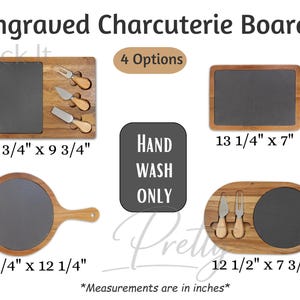 Puede incluir: Cuatro tablas de charcutería grabadas con inserciones de pizarra y asas de madera. Las tablas varían en forma y tamaño, la más grande mide 34.9 cm x 24.8 cm. También se ve el texto "Hand Wash Only".
