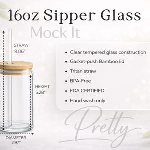 Puede incluir: Vaso para beber transparente de 16 oz con tapa de bambú y pajita de Tritan. El vaso mide 13,4 cm de alto con un diámetro de 7,5 cm. La pajita mide 23 cm de largo. El texto de la imagen dice "16oz Sipper Glass".