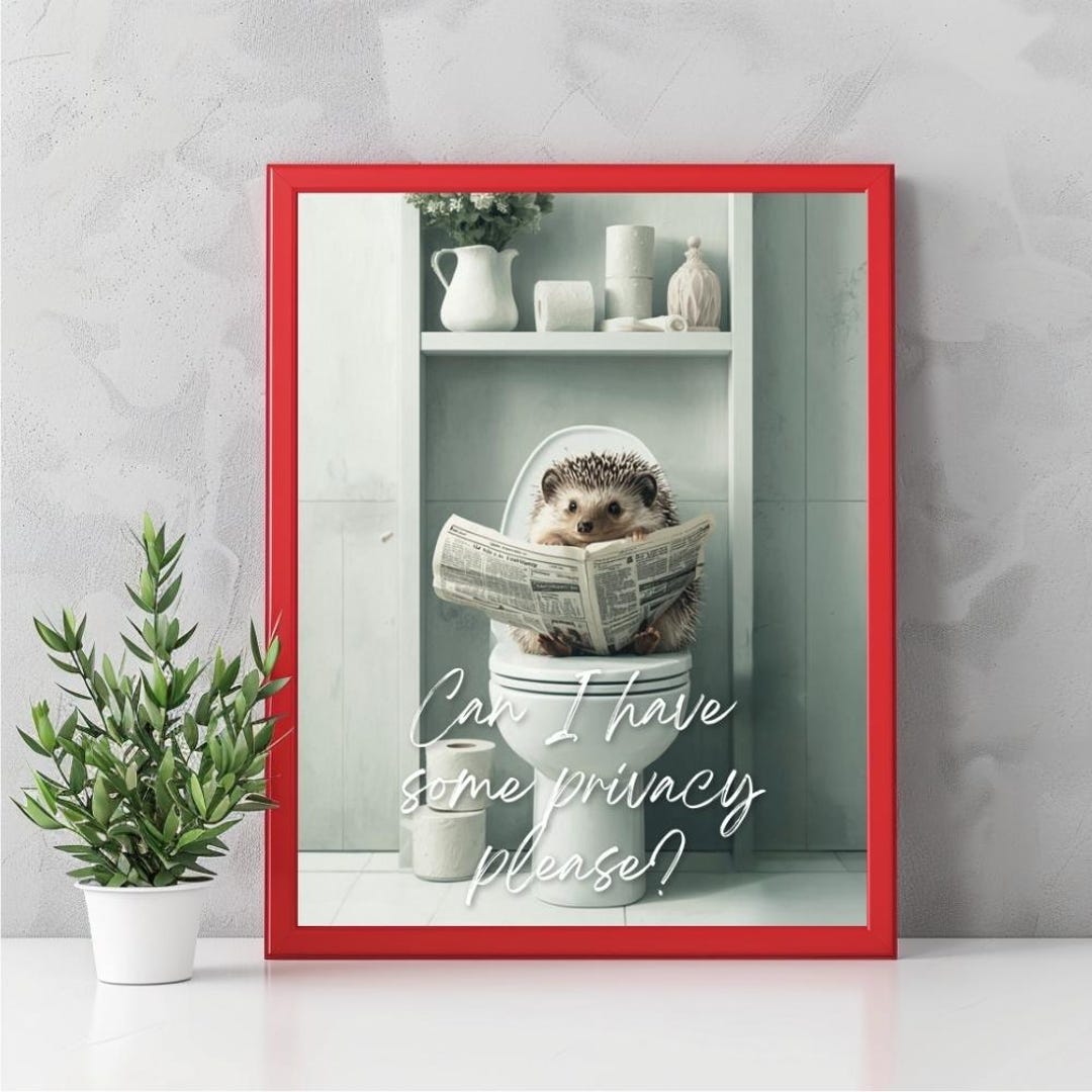 Cute Hedgehog on Toilet, Funny Bathroom Art Print, Humorous Toilet ...