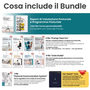 May include: A digital bundle featuring multiple PDF documents titled Postural Prompt Pack Pro, Linee Guida, and Postural Communication System. The set includes customizable Canva templates, a PDF smart tool, and instructional guides for postural assessment.