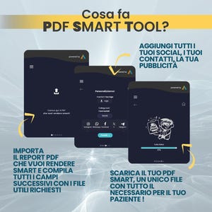 May include: Three dark interface screens for the PDF SMART TOOL application. The screens display a file upload prompt, a customization menu for logos and social media links, and a progress bar showing a character holding a PDF SMART document.