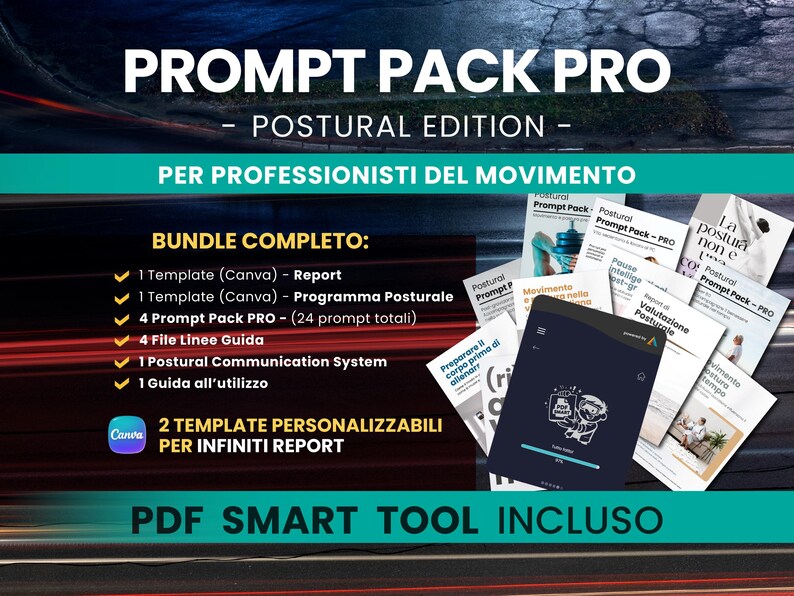 May include: A digital product bundle titled PROMPT PACK PRO - POSTURAL EDITION featuring a list of included items such as Canva templates, prompt packs, guide files, a postural communication system, and a PDF smart tool with customizable report templates.