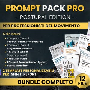 Puede incluir: Imagen promocional de un paquete "Prompt Pack Pro - Postural Edition". La imagen presenta varios folletos y el texto "12 File" en un círculo dorado. El paquete incluye plantillas, programas posturales y guías.
