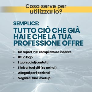 May include: A digital graphic with a light blue abstract background featuring dark blue text. The header reads 'Cosa serve per utilizzarlo?' followed by 'SEMPLICE: TUTTO CI&Ograve; CHE GI&Agrave; HAI E CHE LA TUA PROFESSIONE OFFRE' and a list of six bulleted items.