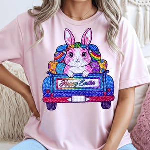 Rainbow Happy Easter Bunny in Blue Truck PNG Digital Download Sublimation Design
