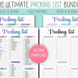 Packing List, EDITABLE, PRINTABLE, Packing List Template, Packing Lists, Vacation Packing List, Packing Checklist, Kids Packing List