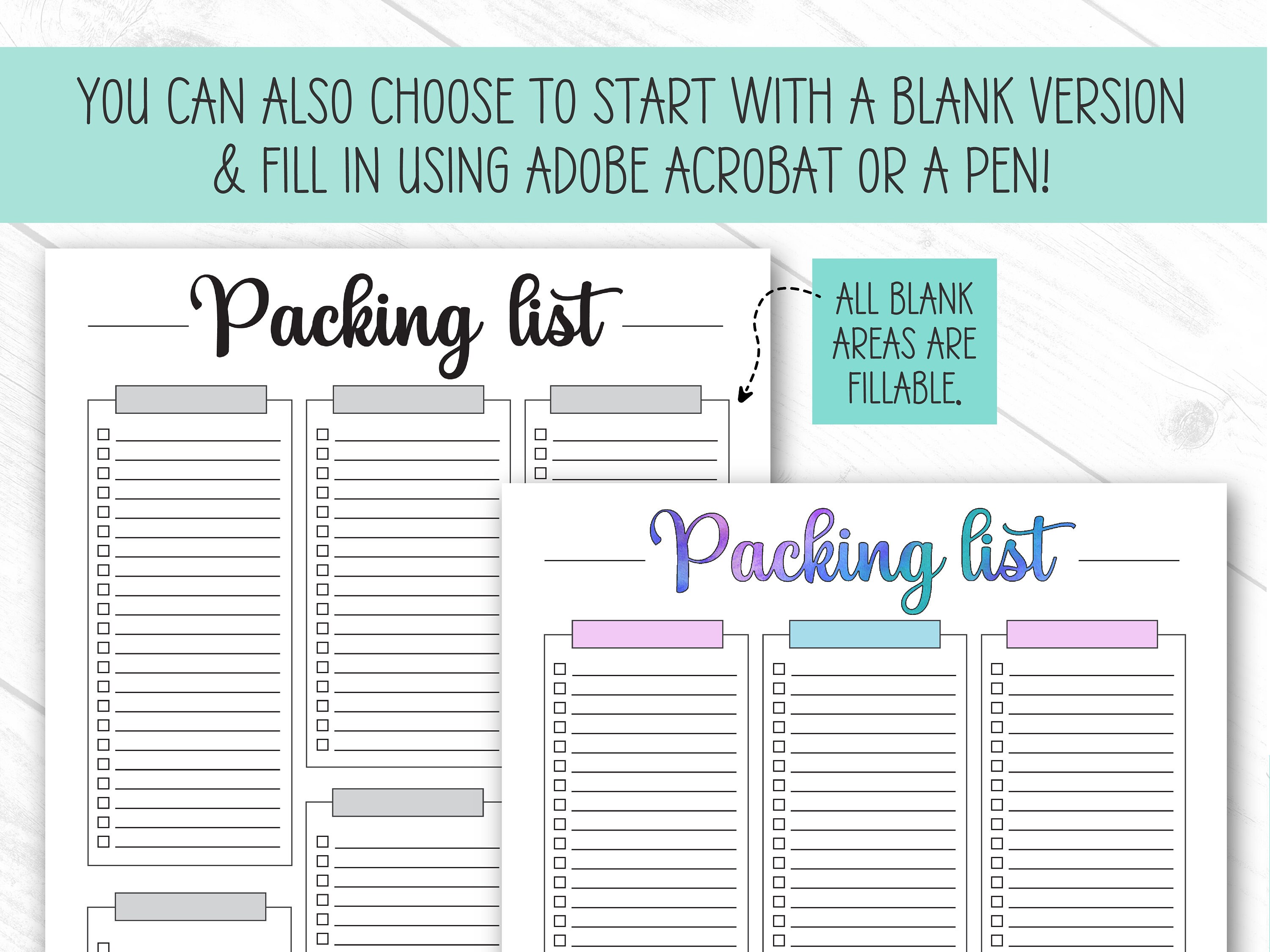 packing list editable printable packing list template etsy