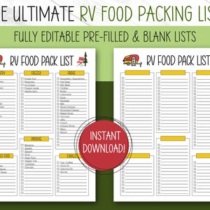 May include: A printable RV food packing list with a yellow and red camper van illustration. The list is divided into six sections: Pantry, Freezer, Fridge, Produce, Packaged Food, and Staples. Each section has a checklist with blank boxes for users to check off items.