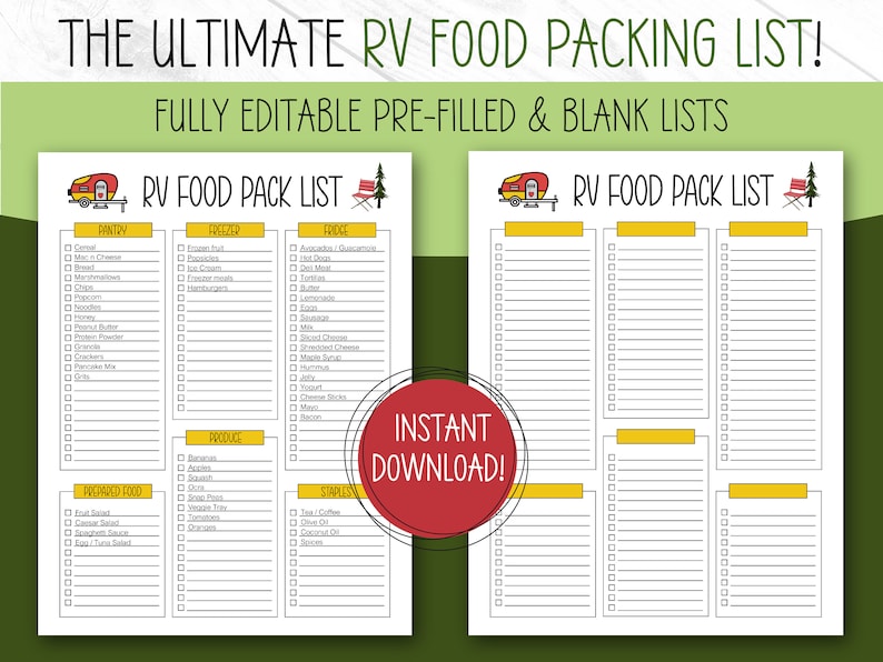 May include: A printable RV food packing list with a yellow and red camper van illustration. The list is divided into six sections: Pantry, Freezer, Fridge, Produce, Packaged Food, and Staples. Each section has a checklist with blank boxes for users to check off items.
