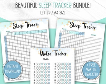 May include: Printable sleep and water tracker sheets in a blue and gold color scheme. The sleep tracker has a grid for logging hours of sleep each day of the month. The water tracker has a grid of water drops to track daily water intake. The text "Sleep Tracker" and "Water Tracker" are in black text on a white background. The text "Instant Download" is in white text on a blue background. The text "+ FREE WATER TRACKER!" is in white text on a blue background.